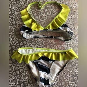 Molo lime yellow ruffle trim scale print bikini